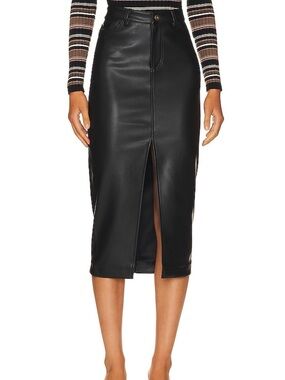 Heartloom Black Faux Leather Midi Pencil Skirt with Center Slit